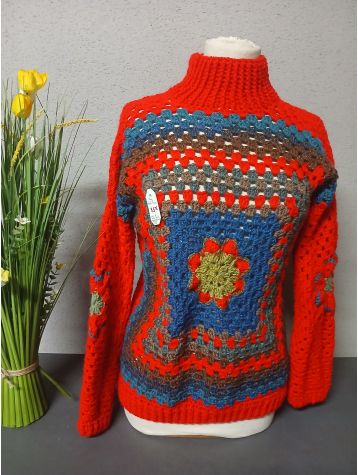 PULL CROCHET PURE LAINE Fait Main rouge